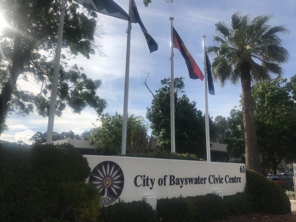 Bayswater Council Entry off street Flags and signage picture.