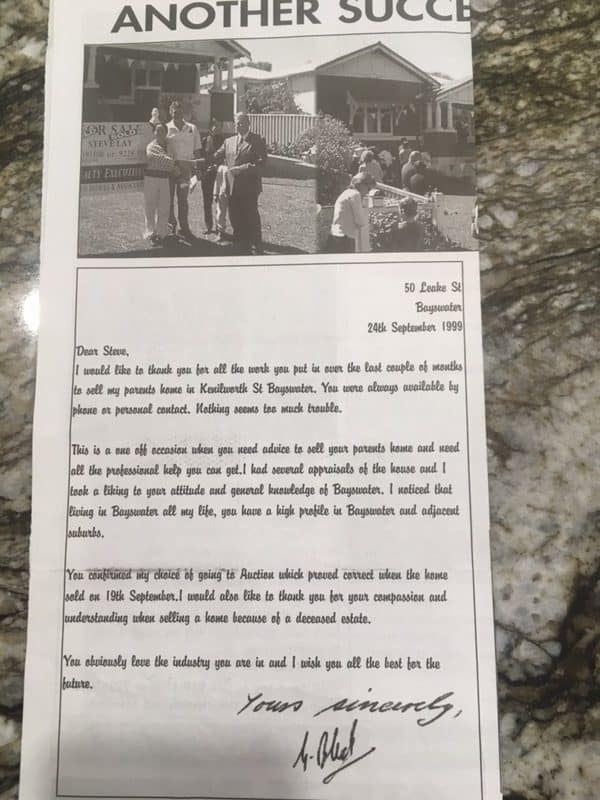 Picture of an old testimonial given to Steve Lay for selling a house in Bayswater WA