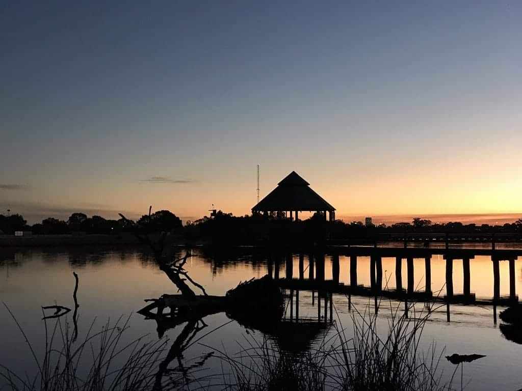 Gazebo and Jetty at Bayswater Riverside Gardens at sunset